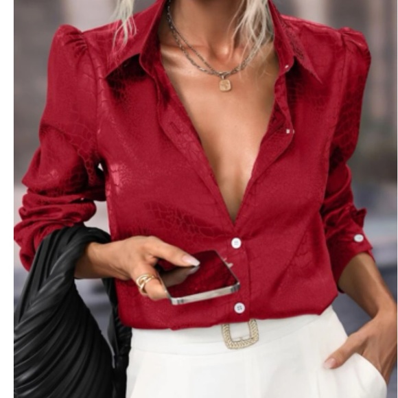 Luxe jacquard button down satin blouse - Picture 9 of 16